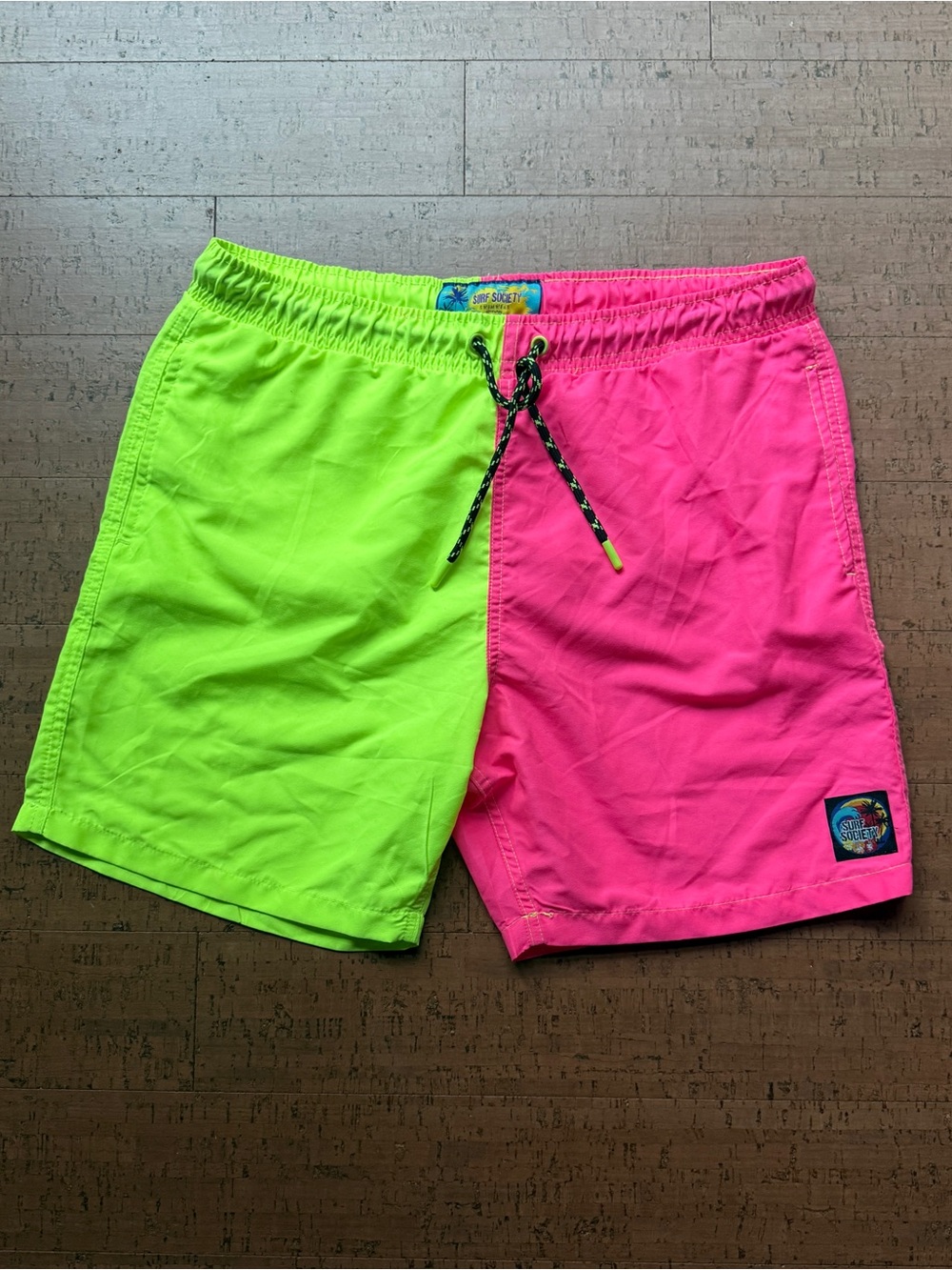 Surf Society Neon Pink Green Colorblock Swim Trunks L Mesh Lined